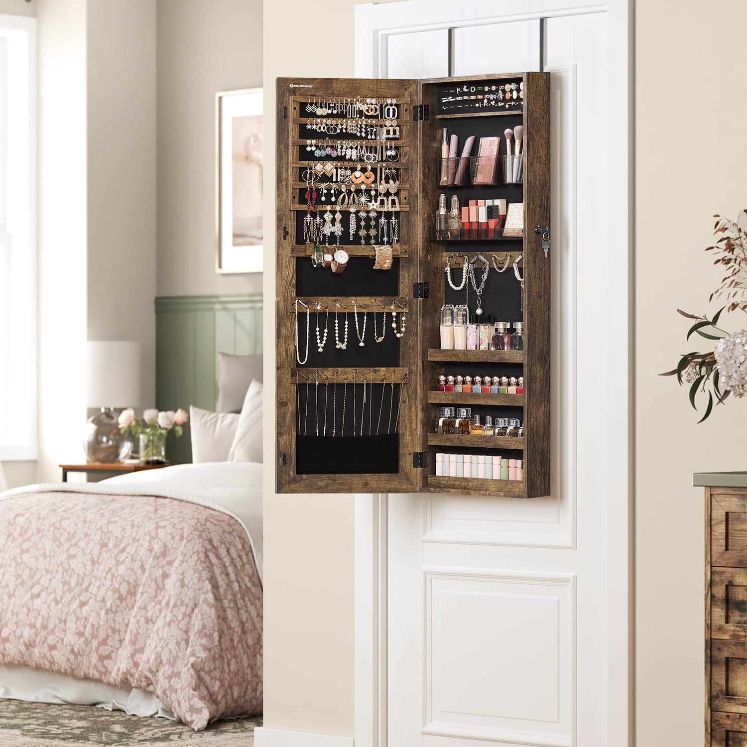 SONGMICS Jewelry Cabinet Armoire, Lockable Wall-Mounted Storage Organizer Unit with 2 Plastic Cosmetic Trays, Full-Length Frameless Mirror, Textured SONGMICS