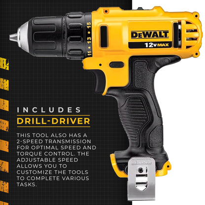 DeWalt 20V MAX Cordless Impact Driver and Drill Hand Tool Set Combo Kit with LED Flashlight, 45 Piece Drill Bit Set, and Battery Power Pack - WoodArtSupply