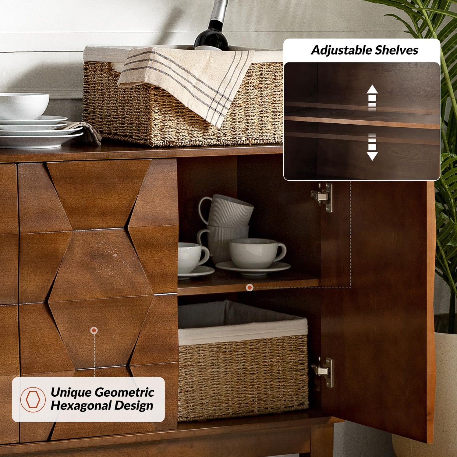 HULALA HOME Modern Sideboard Buffet Cabinet with Solid Wood Legs, 60" Kitchen Storage Cabinet Credenza with 4 Doors and 2 Interior Shelves, Accent HULALA HOME