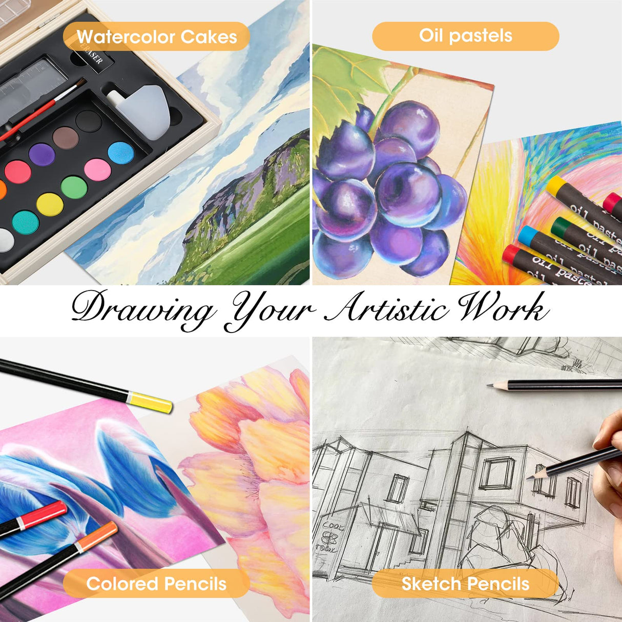 Art Supplies, Wooden Art Set Crafts Kit with Drawing Easel, Deluxe Kids Art Set, Oil Pastels, Colored Pencils, Watercolor Cakes, Creative Gift for VigorFun