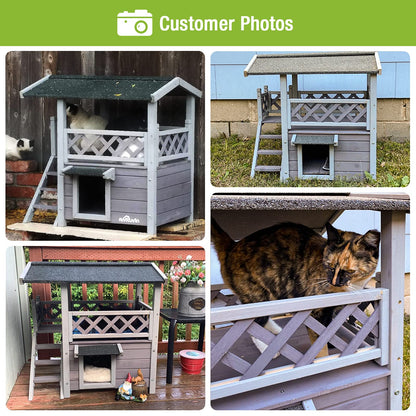 Cat House with Door for Feral Cats, Rainproof Outside Kitty House, 2 Story Wooden Kitten Condo with Stairs (AIR09-BS)
