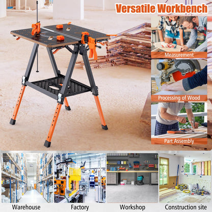 Goplus 2-in-1 Workbench, Easy Setup Folding Work Table with 4 Clamp Dogs, 2 Quick Clamps, 1000 LBS Capacity, Multifunctional Height Adjustable