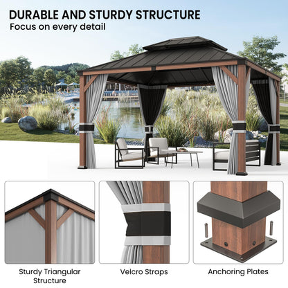 Amopatio 10' X 12' Wood Gazebo, Hardtop Gazebos with Galvanized Steel Double Roof, Outdoor Permanent Metal Aluminum Gazebo for Patio Deck Backyard