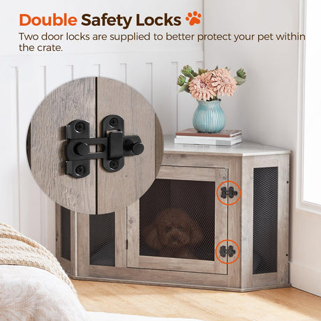 MAHANCRIS Corner Dog Crate Furniture, Wooden Dog Kennel End Table, Decorative Pet Crate Indoor Use, Furniture Style Dog House for Small Medium Dog, MAHANCRIS