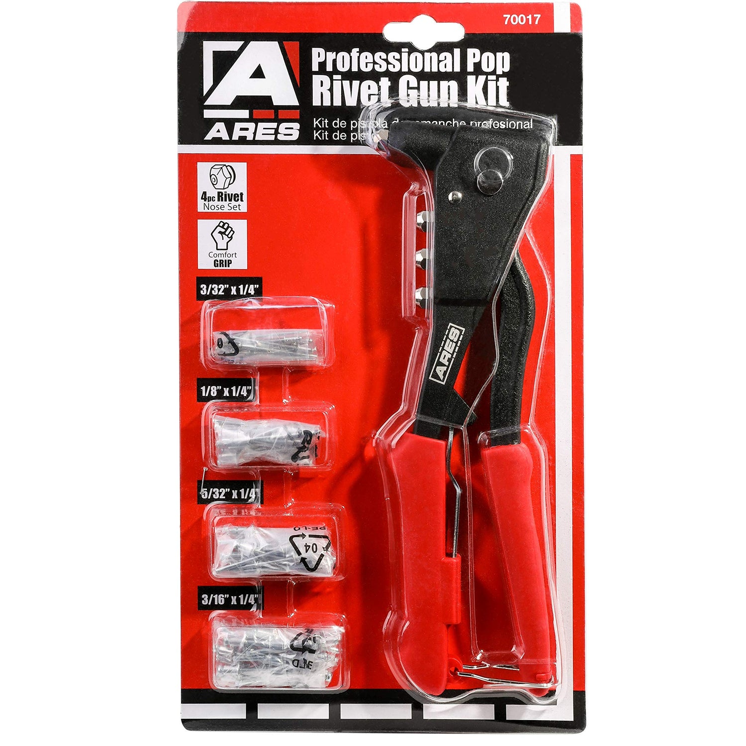 ARES 70017 - Professional Pop Rivet Gun with 60 Rivets - Rivet Sizes 3/32-inch, 1/8-inch, 5/32-inch, & 3/16-inch - Applications Include Sheet Metal, ARES