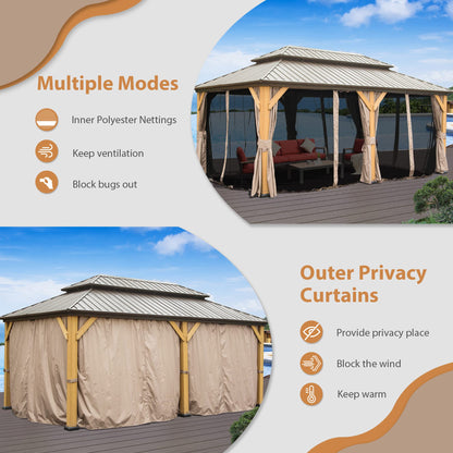 Domi Hardtop Gazebo 12’x20’ Cedar Frame Wood Gazebo with Galvanized Steel Double Roof, Outdoor Permanent Metal Gazebo with Curtains and Netting for