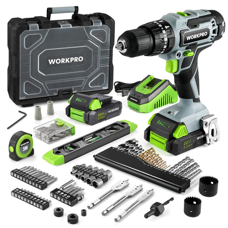 WORKPRO 20V Max Cordless Drill Driver Set, Electric Power Impact Drill Tool with 102 Pieces Accessories, 1/2'' Chuck Impact Drill Kit with Portable WORKPRO