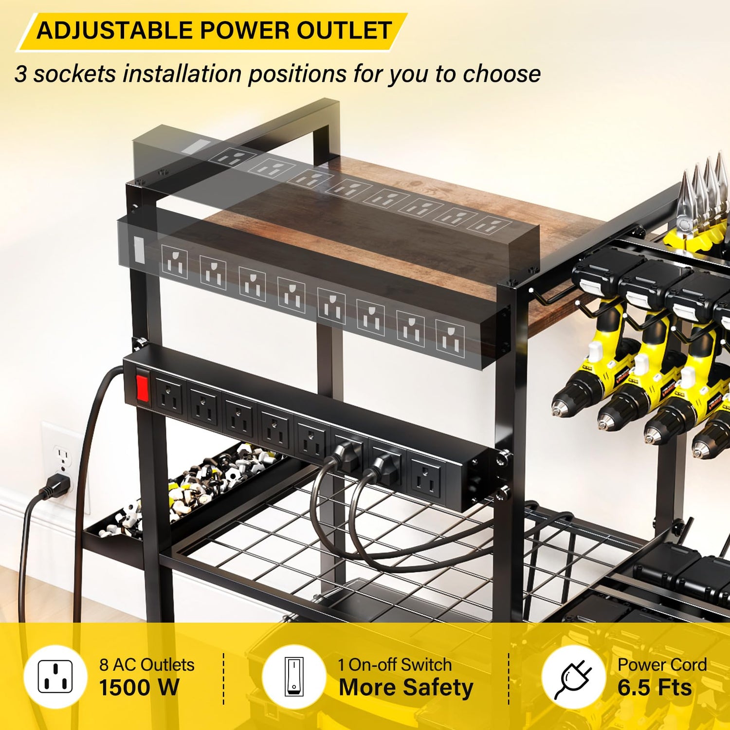 TC-HOMENY Power Tool Organizer Garage Storage with Charging Power Strip, 28 Drill Rack Tool Holder Racks Rolling Tool Cart on Wheels, Tool Shelf TC-HOMENY