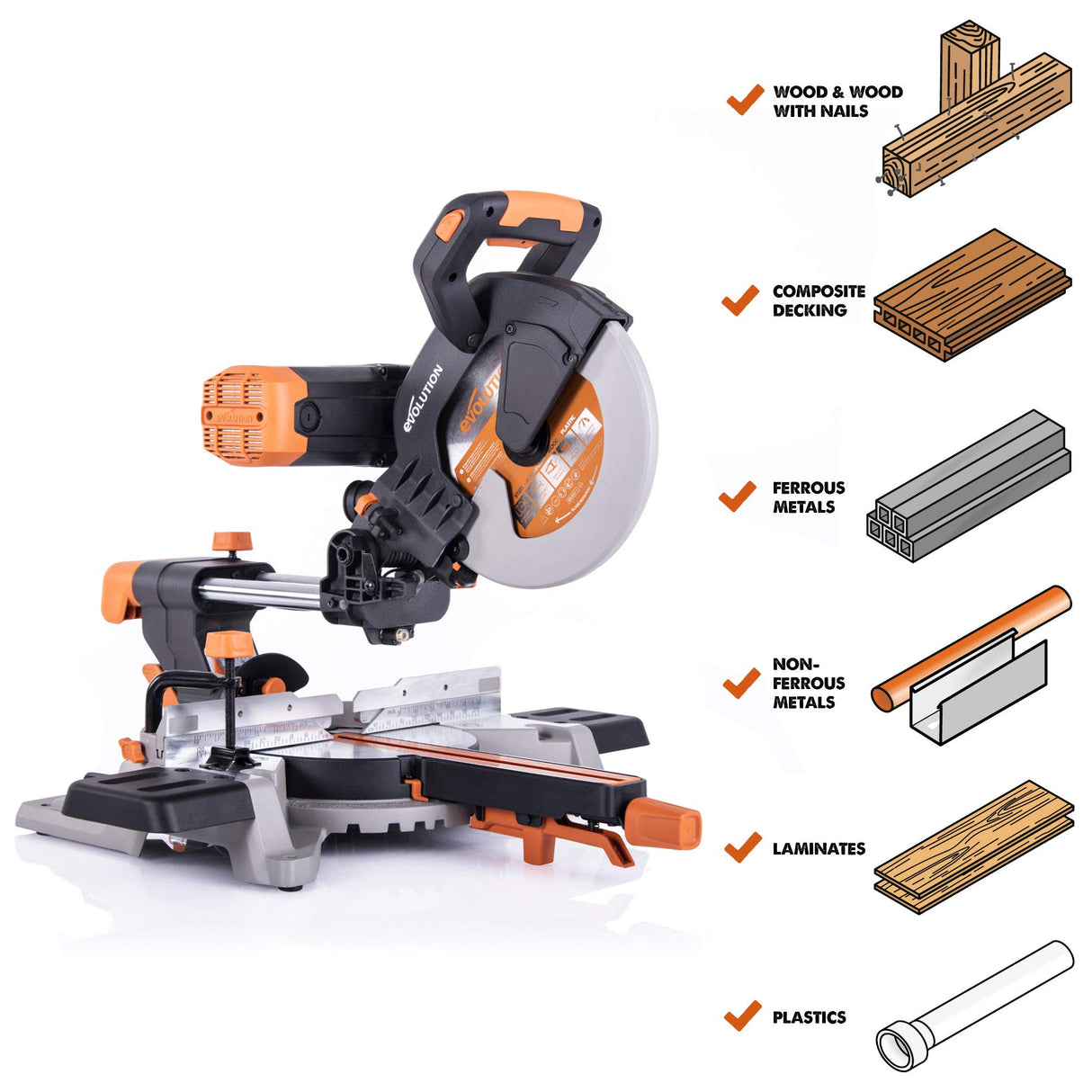 Evolution Power Tools R255SMSDB 10" Multi-Material Double Bevel Sliding Compound Miter Saw Evolution
