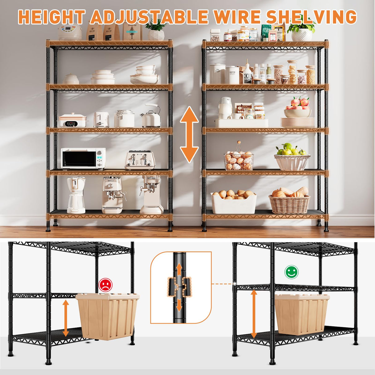REIBII Wire Shelving Rack with Wheels Storage Shelves with Wheels 73.6" H Metal Shelving Unit Load 1750LBS Adjustable 5 Tier Metal Shelves for REIBII
