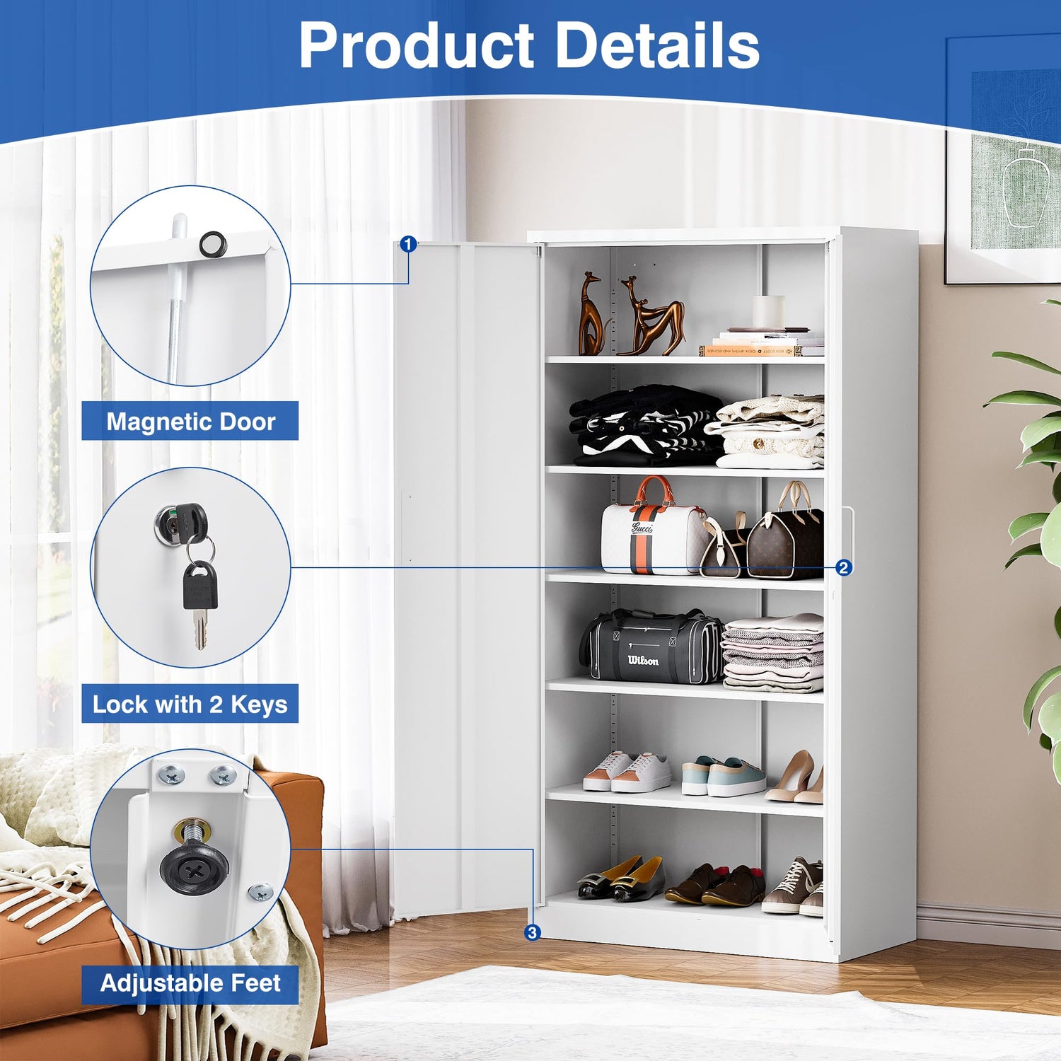 BYNSOE Metal Storage Cabinet with 5 Adjustable Shelves and Lock Metal Garage Cabinets with Locking Door, Steel Classic Storage Cabinet for Home, BYNSOE