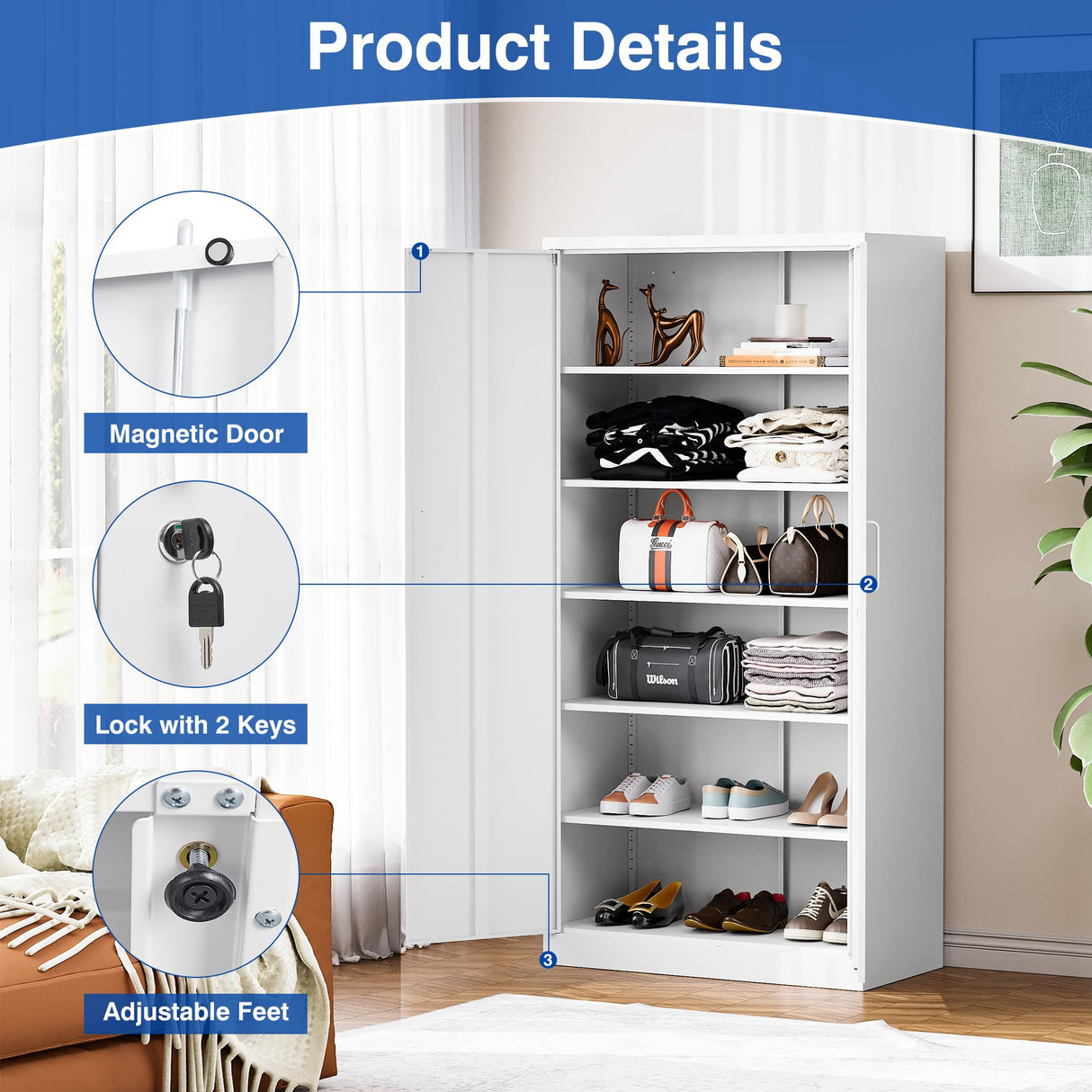 BYNSOE Metal Storage Cabinet with 5 Adjustable Shelves and Lock Metal Garage Cabinets with Locking Door, Steel Classic Storage Cabinet for Home, BYNSOE