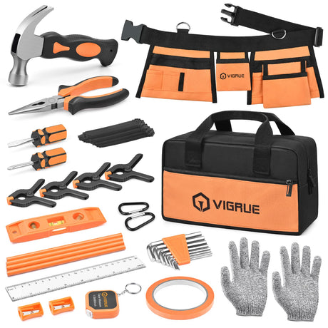 VIGRUE 𝐊𝐢𝐝𝐬 𝐓𝐨𝐨𝐥 𝐒𝐞𝐭, Children Gift Present Real Hand Tools Kit with Belt and Bag, Boy Builder Small Learning Accessories Construction Hammer VIGRUE