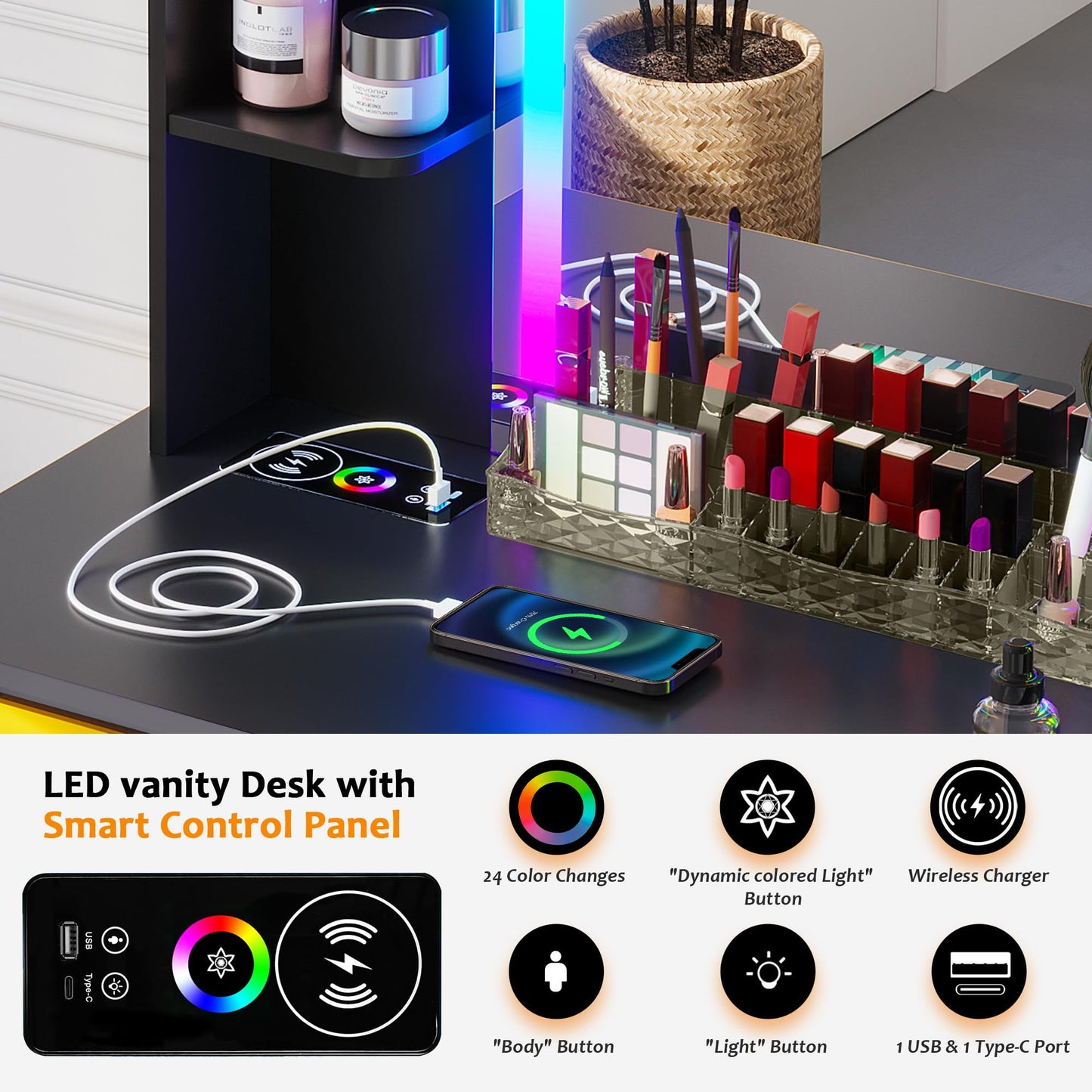 SKKTKT RGB LED Vanity Desk with Mirror and Lights, 39.5" Black Makeup Vanity Table with Auto Sensor Flow Dazzling Lights and Wireless/USB/Type C - WoodArtSupply