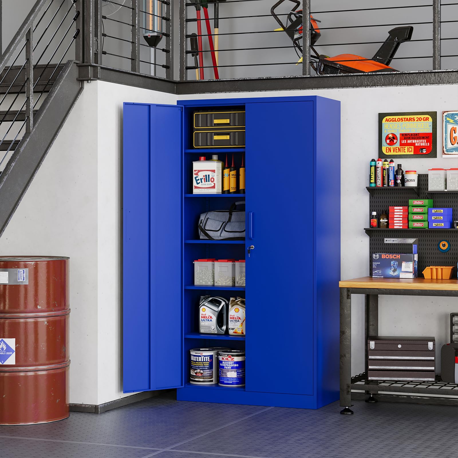 MIIIKO Metal Storage Cabinet with Locking Doors, 72'' Tall Blue Steel Cabinet with 5 Adjustable Shelves, Lockable Metal Utility Cabinet for Garage, - WoodArtSupply