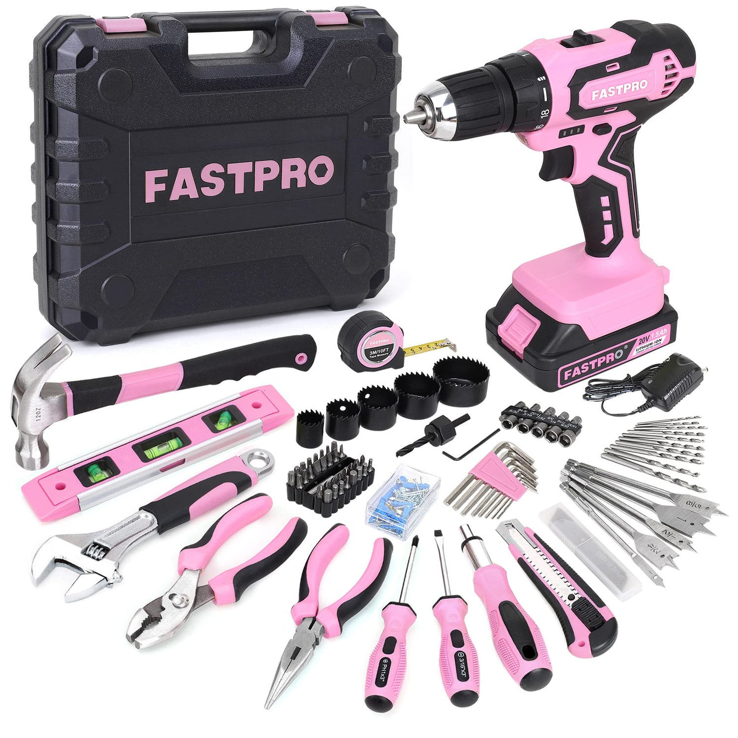 FASTPRO 177-Piece 20V Pink Cordless Lithium-ion Drill Driver and Home Tool Set, Lady's Home Repairing Tool Kit with Drill in Tool Storage Case FASTPRO