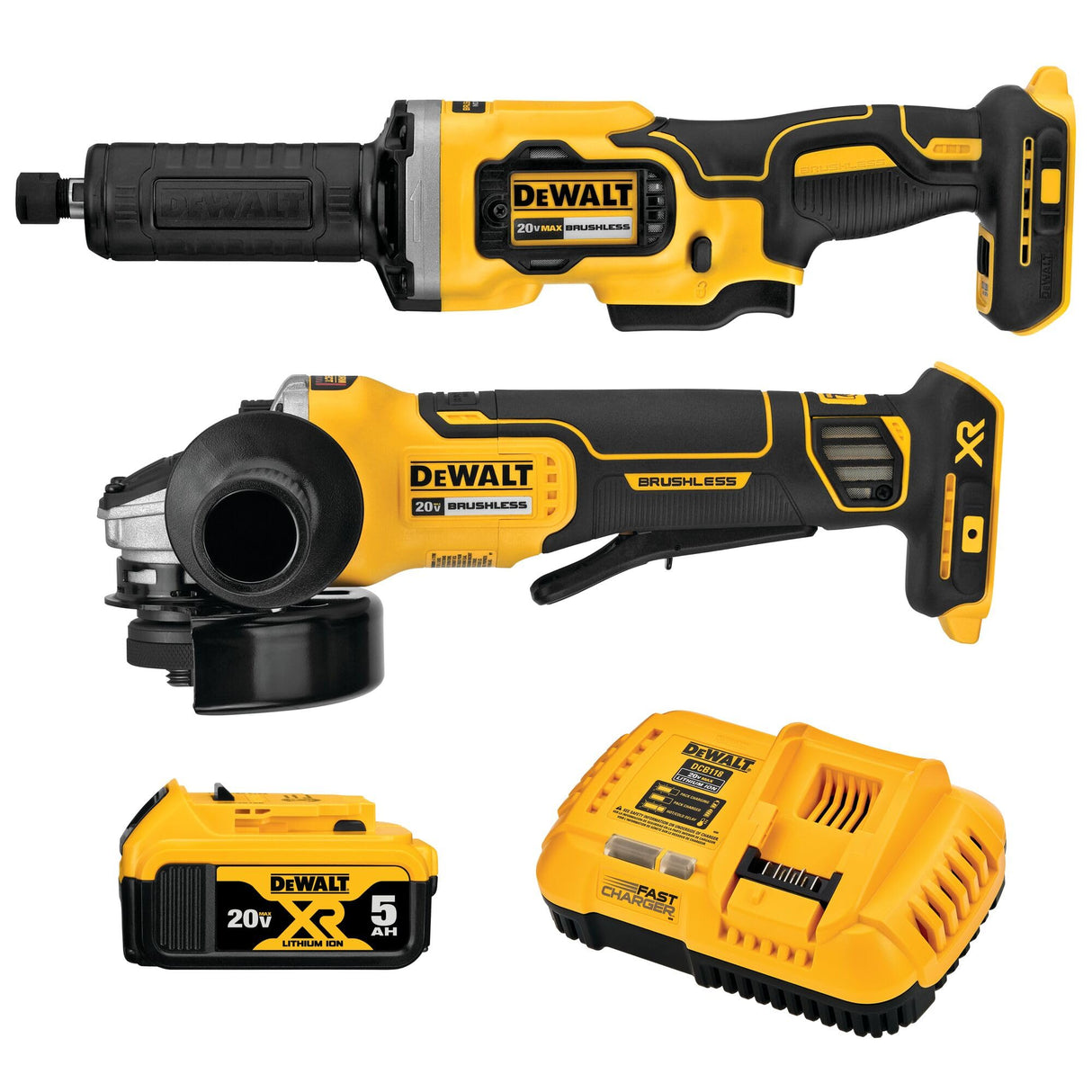 DEWALT 20V MAX Angle Grinder and Die Grinder, Cordless 2-Tool Set with Battery and Charger (DCK203P1), Yellow,white DEWALT