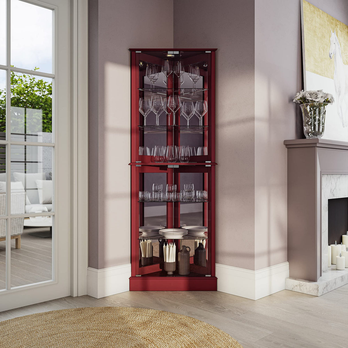 BELLEZE Lighted Corner Display Curio Cabinet Wooden Shelving Unit with Tempered Glass Door, Bar and Liquor Storage Area with 6 Shelves - Woody BELLEZE