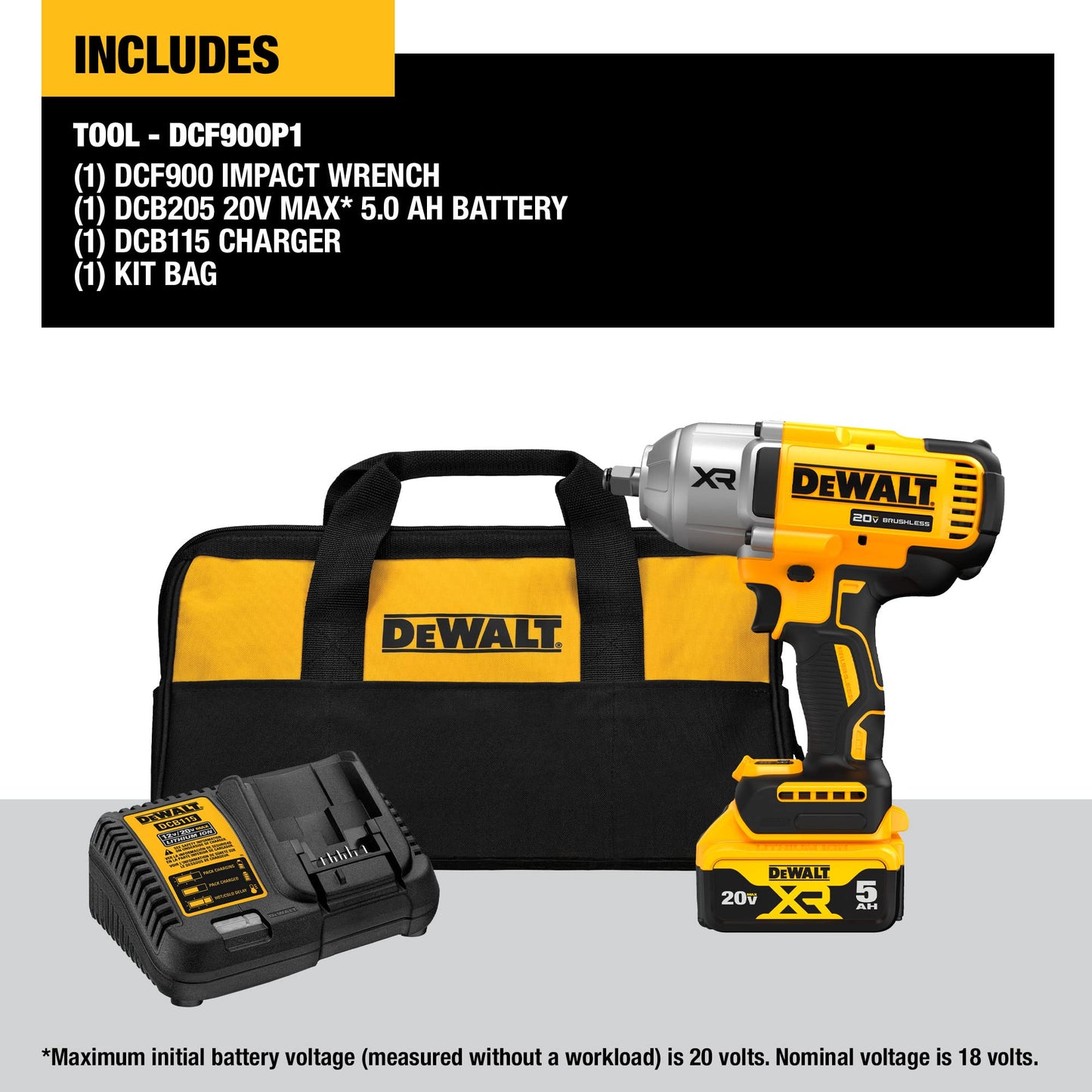 *DEWALT 20V MAX Cordless Impact Wrench Kit, 1/2" Hog Ring With 4-Mode Speed, Includes Battery, Charger and Bag (DCF900P1)