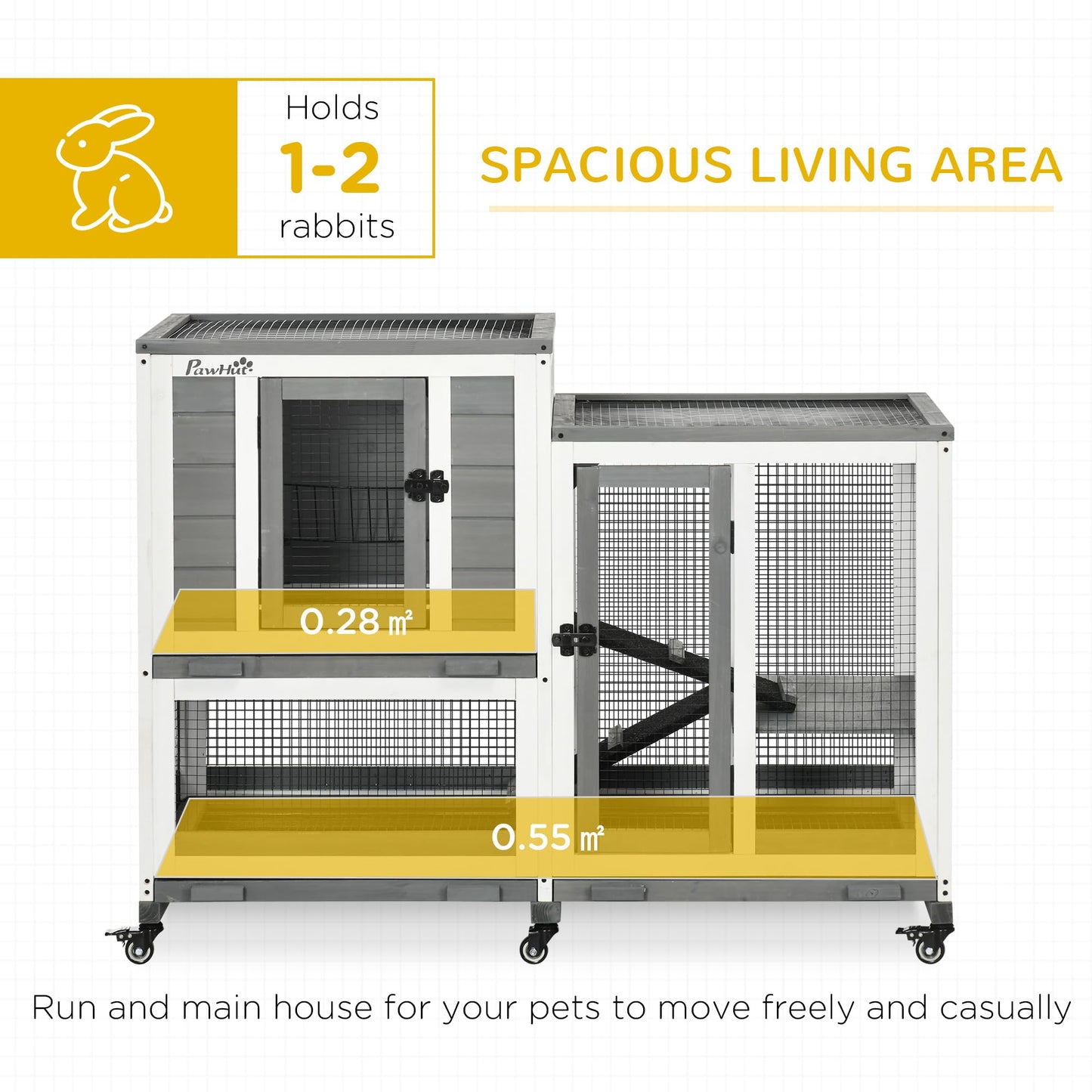 PawHut Indoor Rabbit Hutch, Three Story Wooden Rabbit Cage Bunny Hutch with Runs, Wheels, Waterproof Roof and Removable Trays, Gray - WoodArtSupply