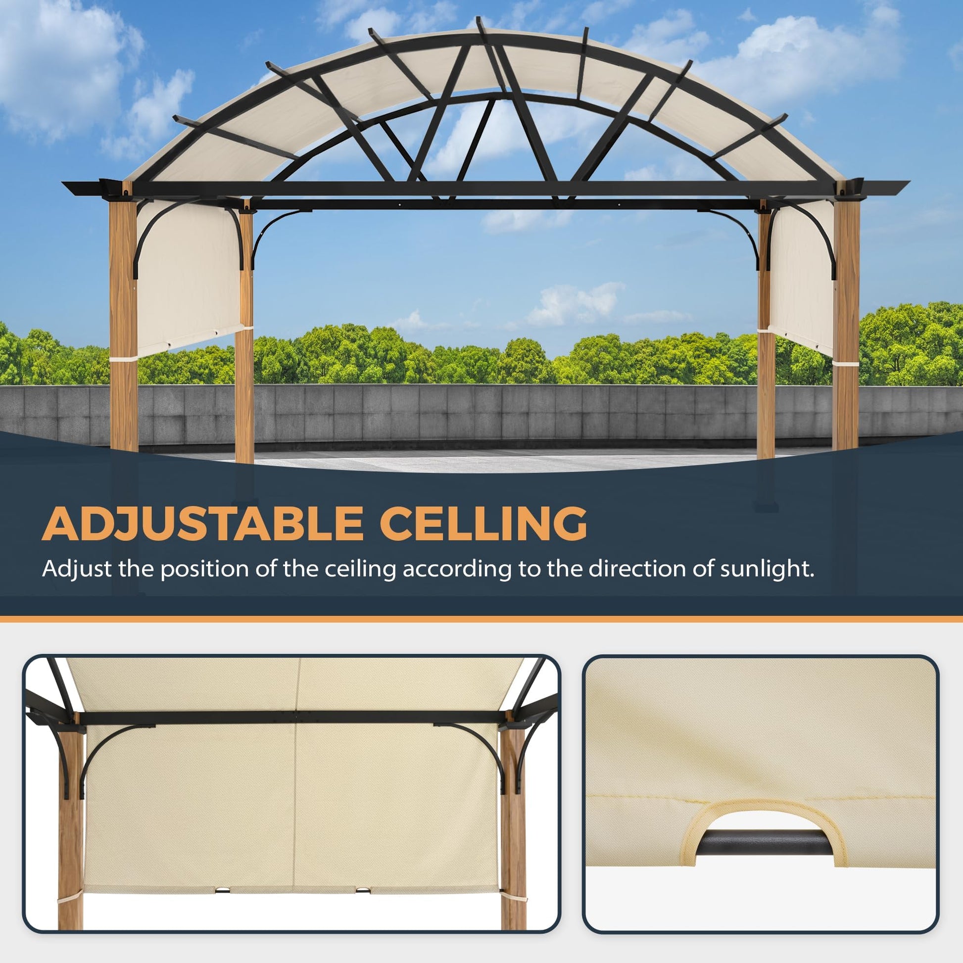 HAPPATIO 10' X 13' Outdoor Pergola with Sling Retractable Pergola Canopy, Wood-Like Aluminum Patio Pergola Shade for Patio, Backyard, Garden,Poolside - WoodArtSupply