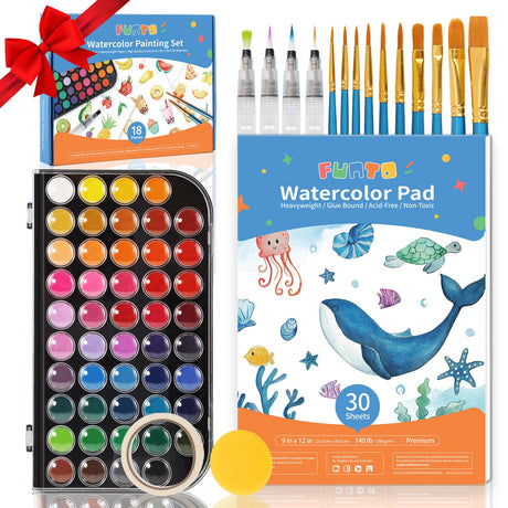 Funto Watercolor Set, 48 Color Paint Set, 10 Brushes, 4 Refillable Water Brush Pens, 30 Page Pad(9"x12"), Masking Tape, Sponge, Palette, Painting Kit Funto