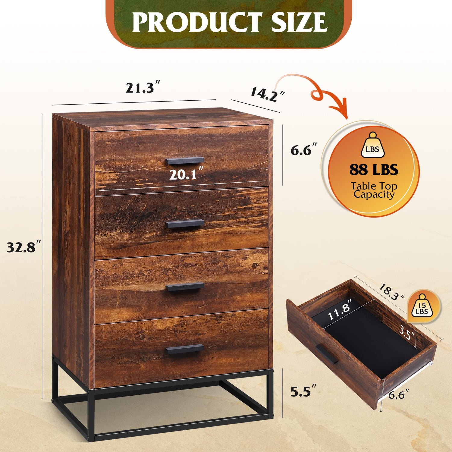 WLIVE Dresser for Bedroom with 4 Drawers, Nightstand, Chest of Drawers, Tall Dresser Drawers with Sturdy Metal Frame for Hallway, Living Room, WLIVE