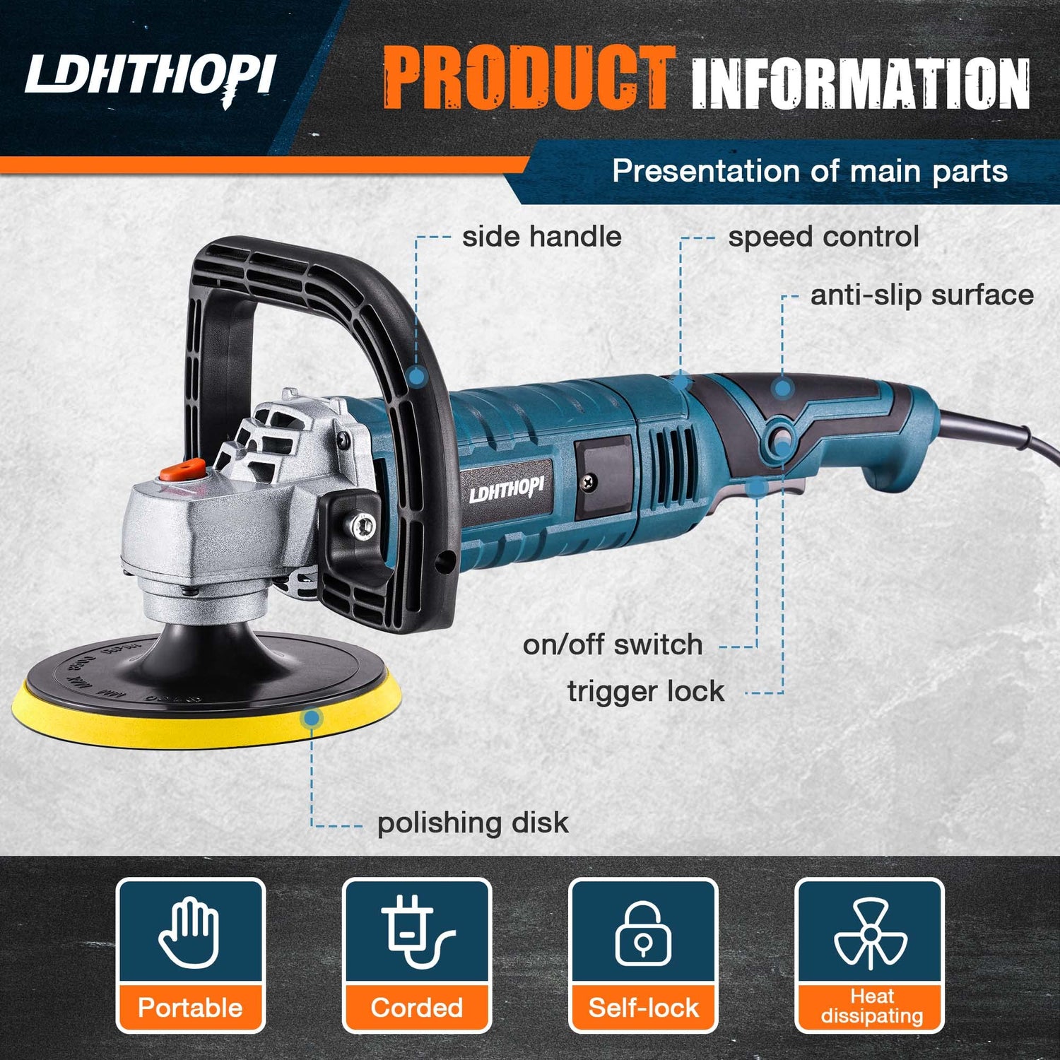 LDHTHOPI Buffer Polisher, 1600W 7 Inch/6 Inch Rotary Buffer Polisher Waxer, 7 Variable Speed 1000-3500 RPM, Detachable Handle for Car, Boat Sanding, LDHTHOPI