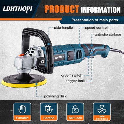 LDHTHOPI Buffer Polisher, 1600W 7 Inch/6 Inch Rotary Buffer Polisher Waxer, 7 Variable Speed 1000-3500 RPM, Detachable Handle for Car, Boat Sanding,