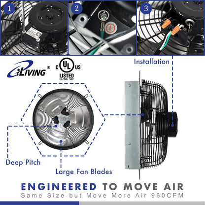 iLIVING 12" Wall Mounted Shutter Exhaust Fan, Automatic Shutter, with Thermostat and Variable Speed controller, 0.6A, 960 CFM, 1400 SQF Coverage Area