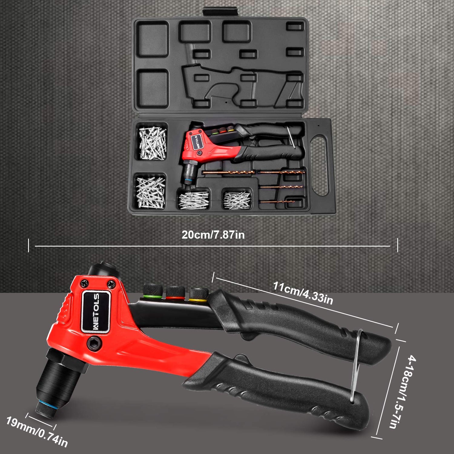 WETOLS Rivet Gun Kit with 120 Pcs Rivets, Manual Rivet Gun with 4 Interchangeable Rivet Heads and 4 Twist Drills, Pop Rivet Gun Kit with Blow Molded WETOLS