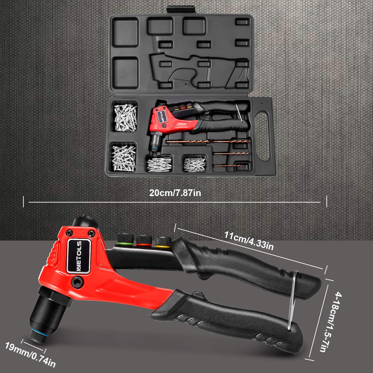 WETOLS Rivet Gun Kit with 120 Pcs Rivets, Manual Rivet Gun with 4 Interchangeable Rivet Heads and 4 Twist Drills, Pop Rivet Gun Kit with Blow Molded WETOLS