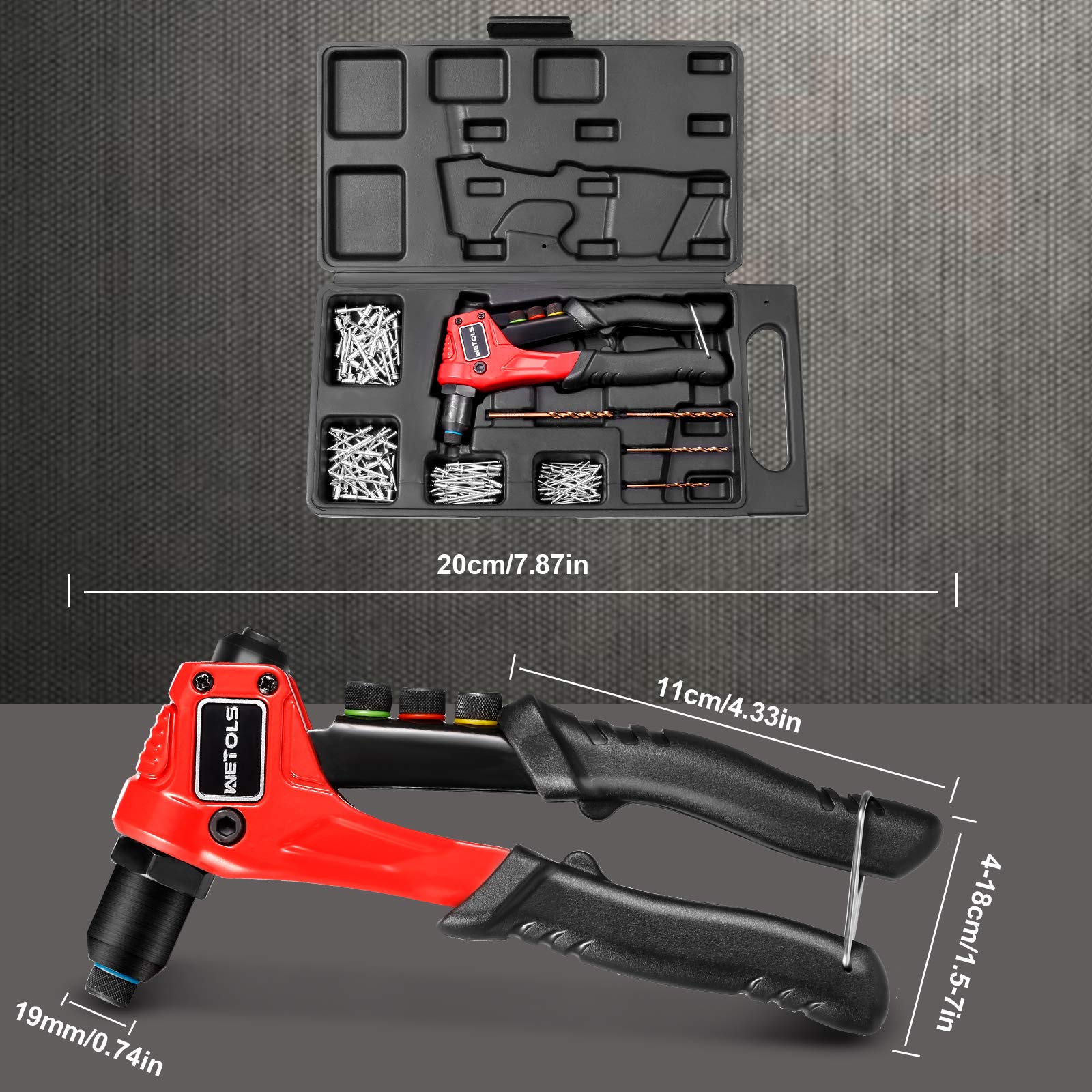 WETOLS Rivet Gun Kit with 120 Pcs Rivets, Manual Rivet Gun with 4 Interchangeable Rivet Heads and 4 Twist Drills, Pop Rivet Gun Kit with Blow Molded - WoodArtSupply