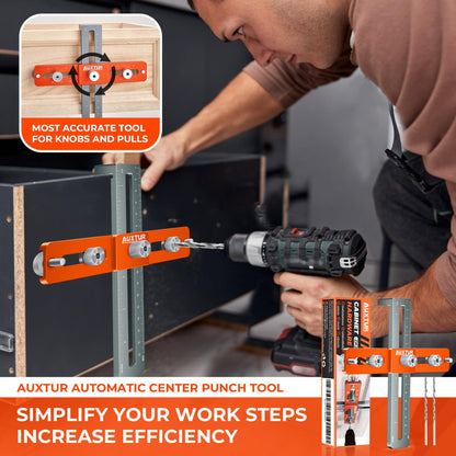 AUXTUR Cabinet Hardware Jig, Adjustable Cabinet Handle Template Tool with Alignment Hole, Punch Locator Drill Guide for Knobs,Handles and Pulls, - WoodArtSupply