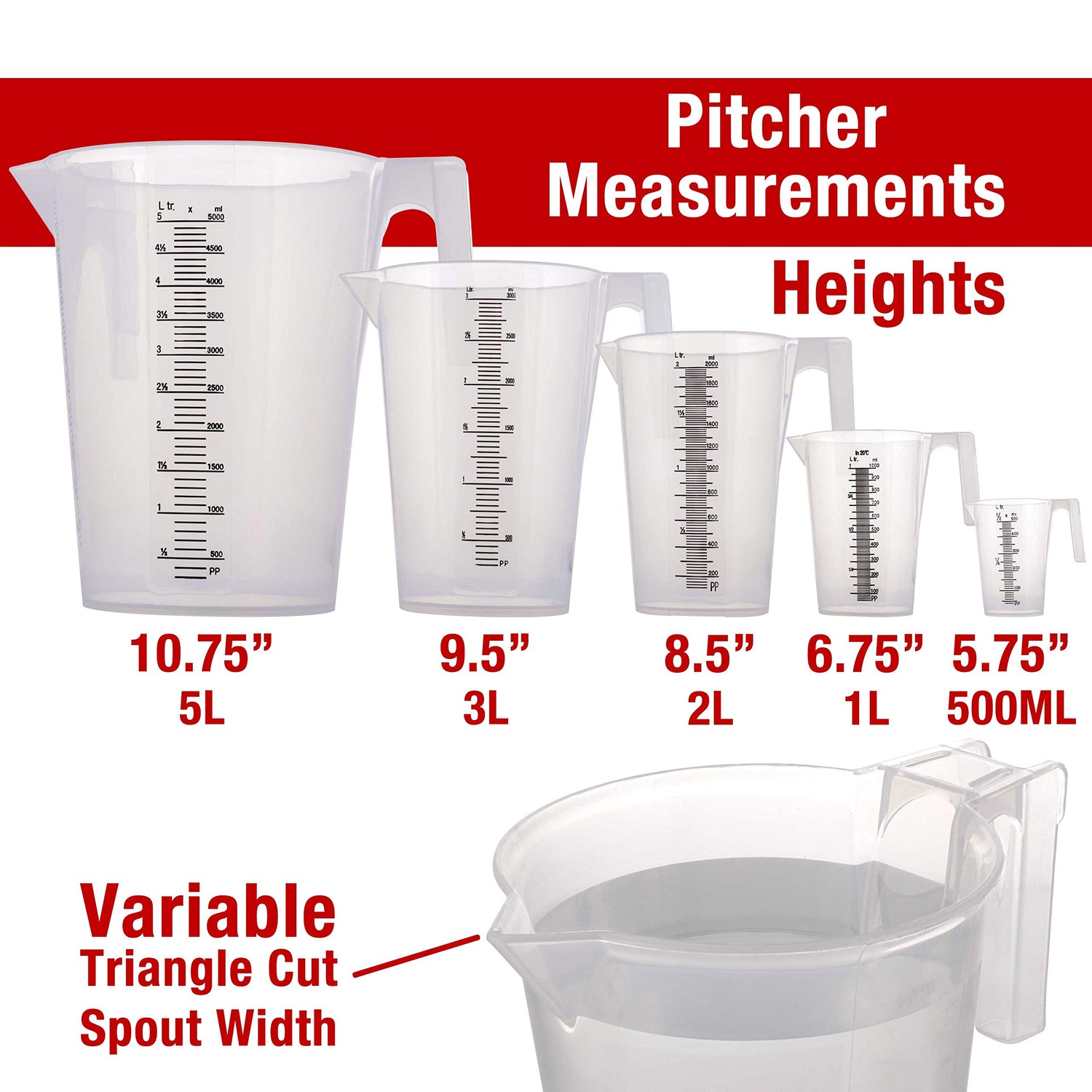 TCP Global 5 Piece Set of Plastic Graduated Measuring and Mixing Pitchers - 500, 1000 Quart, 2000, 3000, 5000 ml Gallon Sizes - Pouring Cups, Measure TCP Global