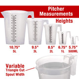 TCP Global 5 Piece Set of Plastic Graduated Measuring and Mixing Pitchers - 500, 1000 Quart, 2000, 3000, 5000 ml Gallon Sizes - Pouring Cups, Measure TCP Global