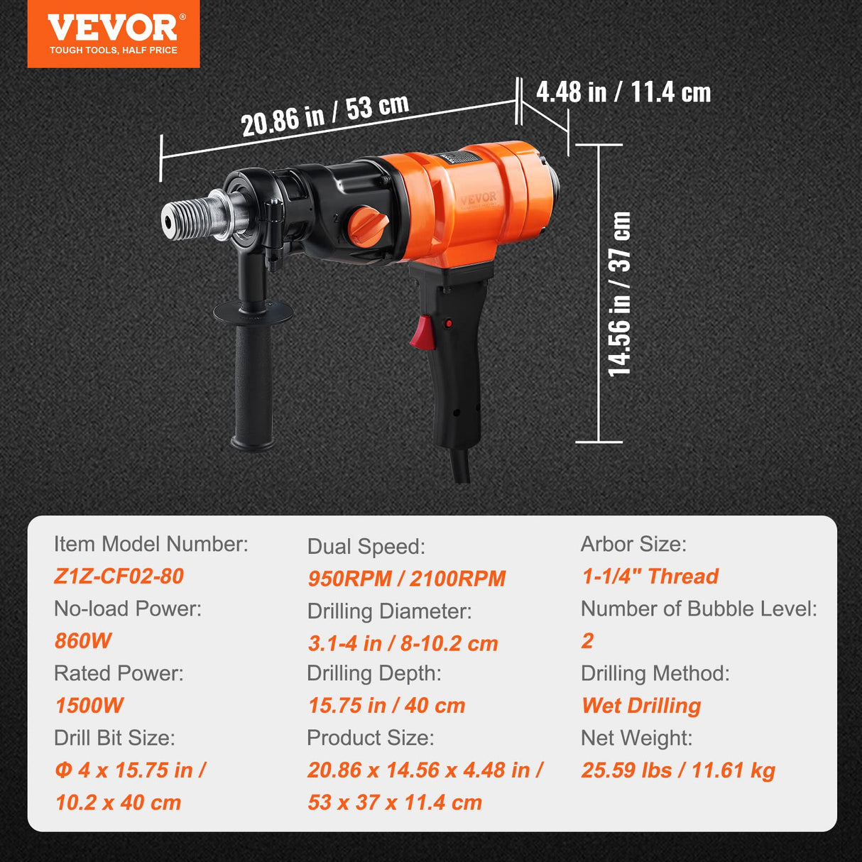 VEVOR Diamond Core Drilling Machine, 4in Handheld Wet Concrete Core Drill Rig, 1100-2400RPM Two Speed & 1-1/4" Thread & 2 Bubble Levels, 3-4in VEVOR