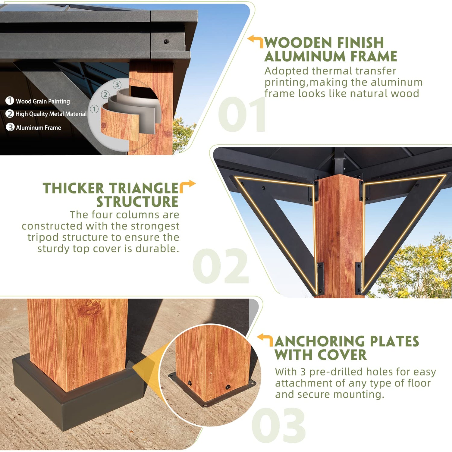 MELLCOM Gazebo 12' x 20', Wooden Finish Coated Thicker Aluminum Frame Gazebo with Galvanized Steel Roof, Outdoor Patio Gazebos with Curtains and MELLCOM