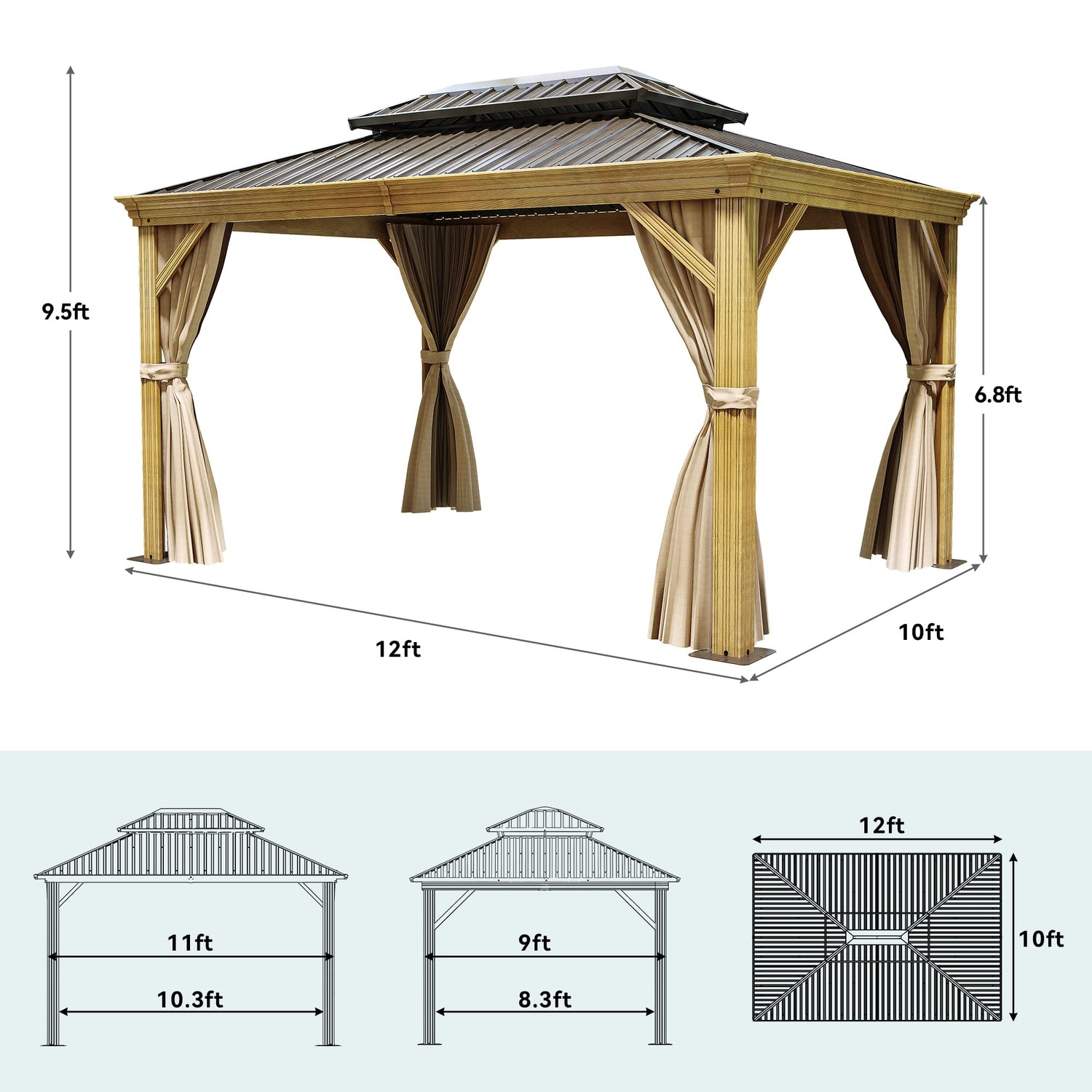 YITAHOME 10x12ft Hardtop Gazebo with Nettings and Curtains, Wood Grain Heavy Duty Double Roof Galvanized Steel Outdoor Combined of Vertical Stripes YITAHOME