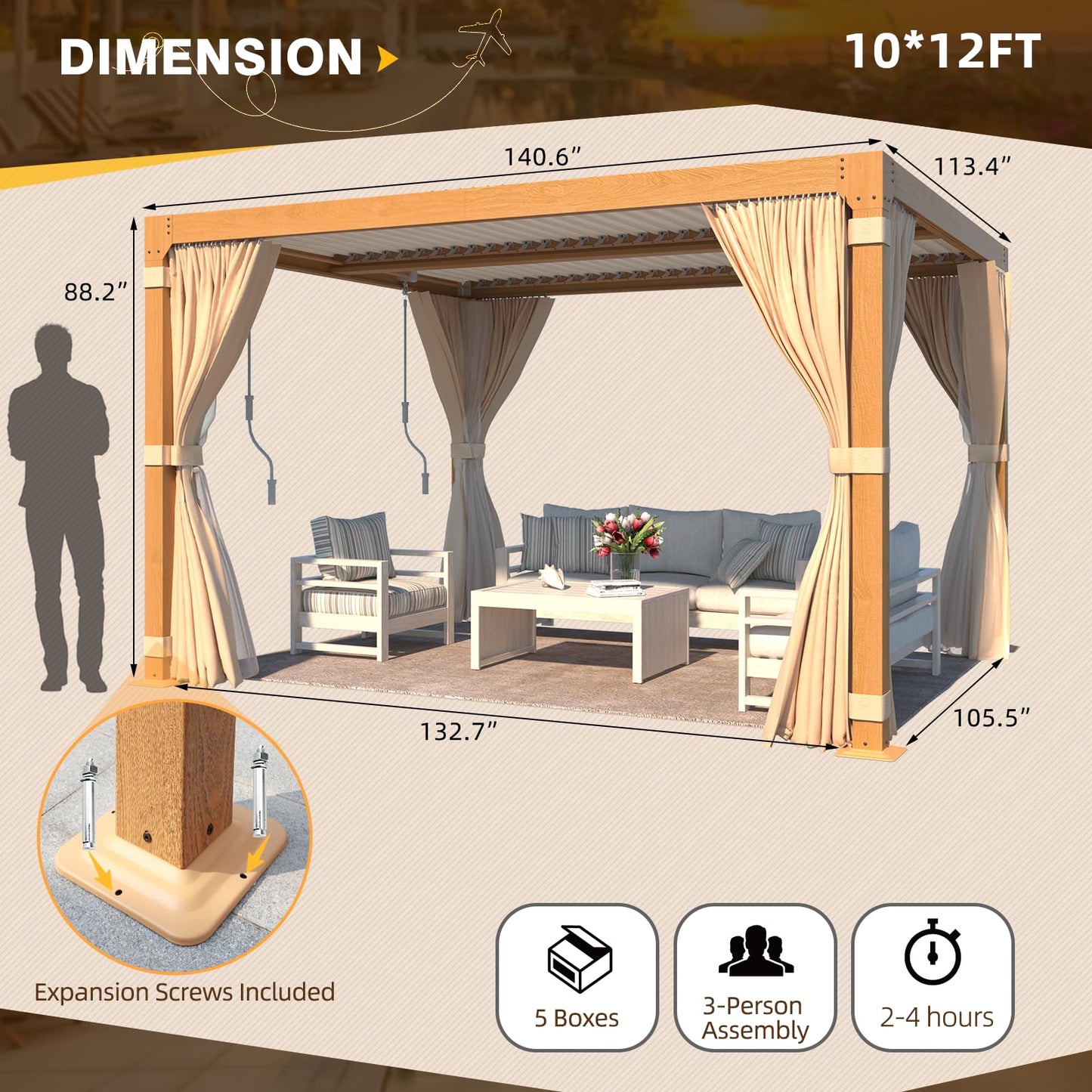 MELLCOM Louvered Pergola 10x12, Aluminum Pergola with Adjustable Louvered Roof, Wood Grain Outdoor Small Pergola with Waterproof Curtains and Nets