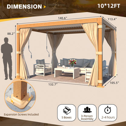 MELLCOM Louvered Pergola 10x12, Aluminum Pergola with Adjustable Louvered Roof, Wood Grain Outdoor Small Pergola with Waterproof Curtains and Nets