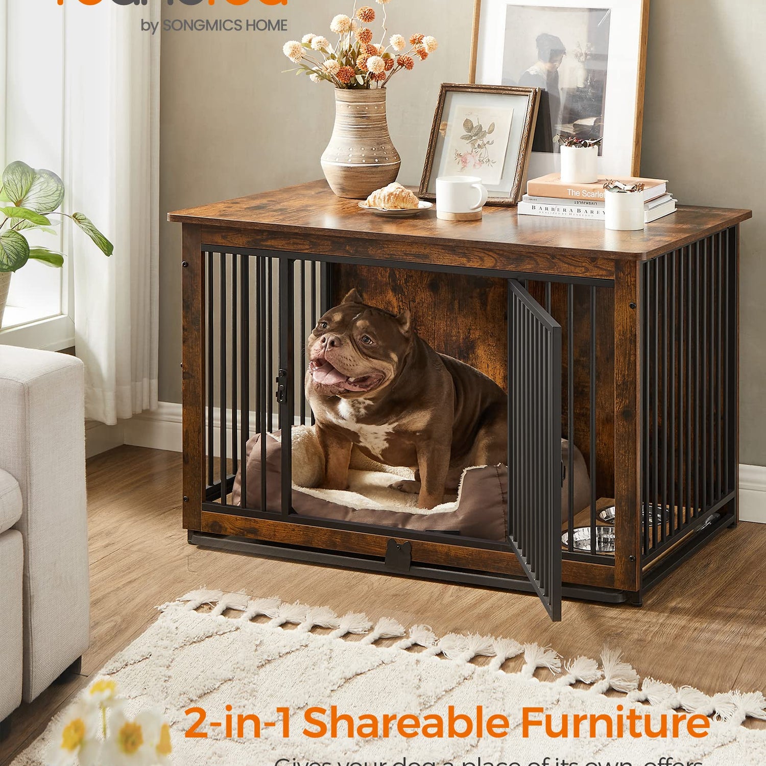 Feandrea Dog Crate Furniture, 38 Inches Dog Kennel for Dogs up to 70 lb, with Removable Tray, Heavy-Duty Dog Cage End Table, Double Doors Dog House, Feandrea