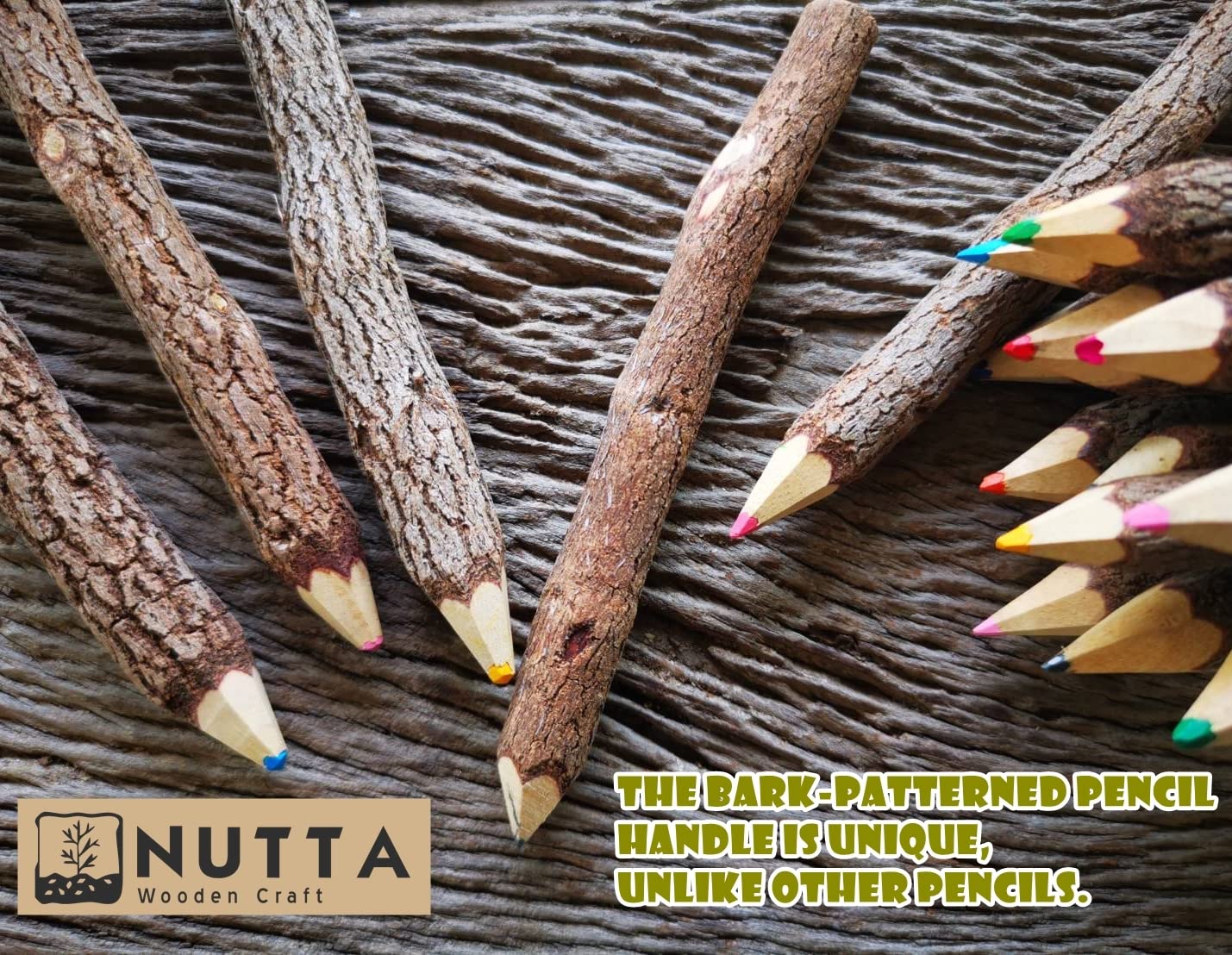 NUTTA - ASSORT COLORED, Branch & Twig Pencil, 12-PCs, Natural Wooden Pencils Wood Tree Rustic Twig Pencils Fun Pencil for Children and Family Wooden