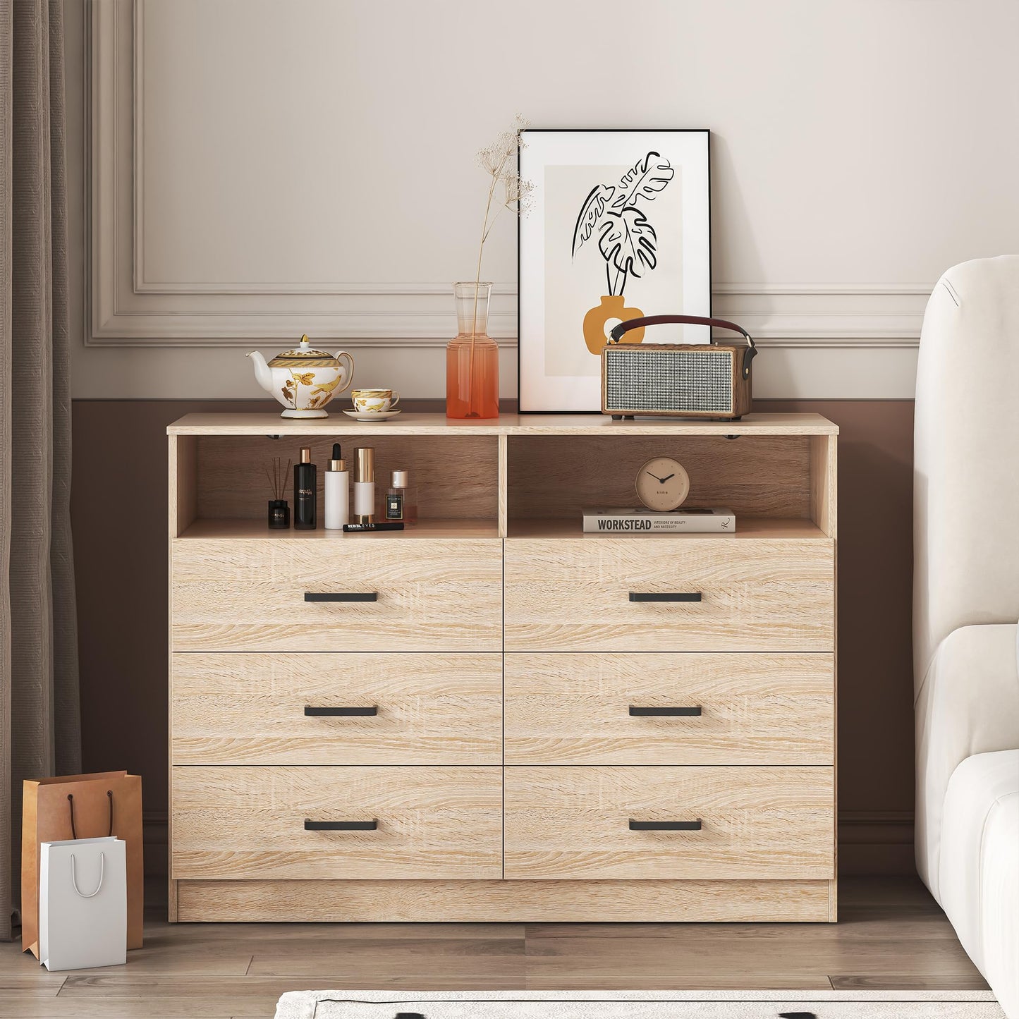 Bigbiglife 6 Drawer Dresser with Open Storage, Natural Wood Dresser, Modern Double Dresser for Bedroom, Living Room, Entryway, Light Oak - WoodArtSupply