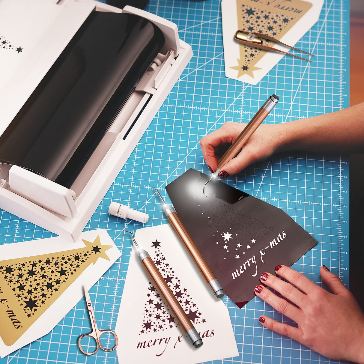 Therwen 6 Pcs Weeding Tools Set Weed Removal Tool Kit LED Tweezers Pin Hook Scissors for Vinyl Paper Projects Crafting DIY Therwen