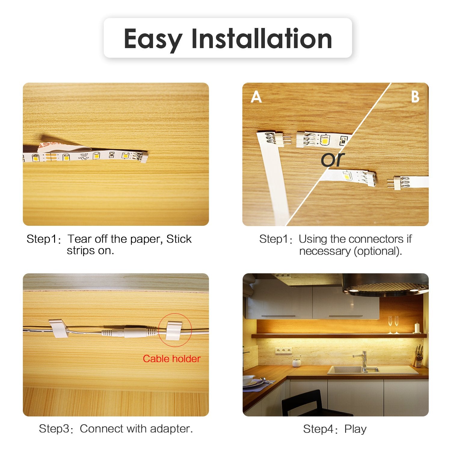 WOBANE Under Cabinet LED Lighting kit, 6 PCS LED Strip Lights with Remote Control Dimmer and Adapter, Dimmable for Kitchen Cabinet,Counter,Shelf,TV WOBANE