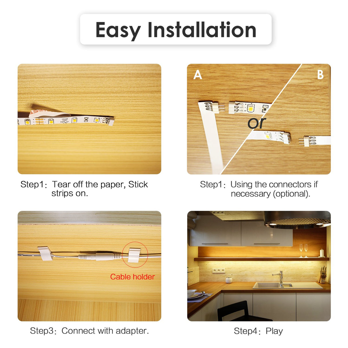 WOBANE Under Cabinet LED Lighting kit, 6 PCS LED Strip Lights with Remote Control Dimmer and Adapter, Dimmable for Kitchen Cabinet,Counter,Shelf,TV WOBANE
