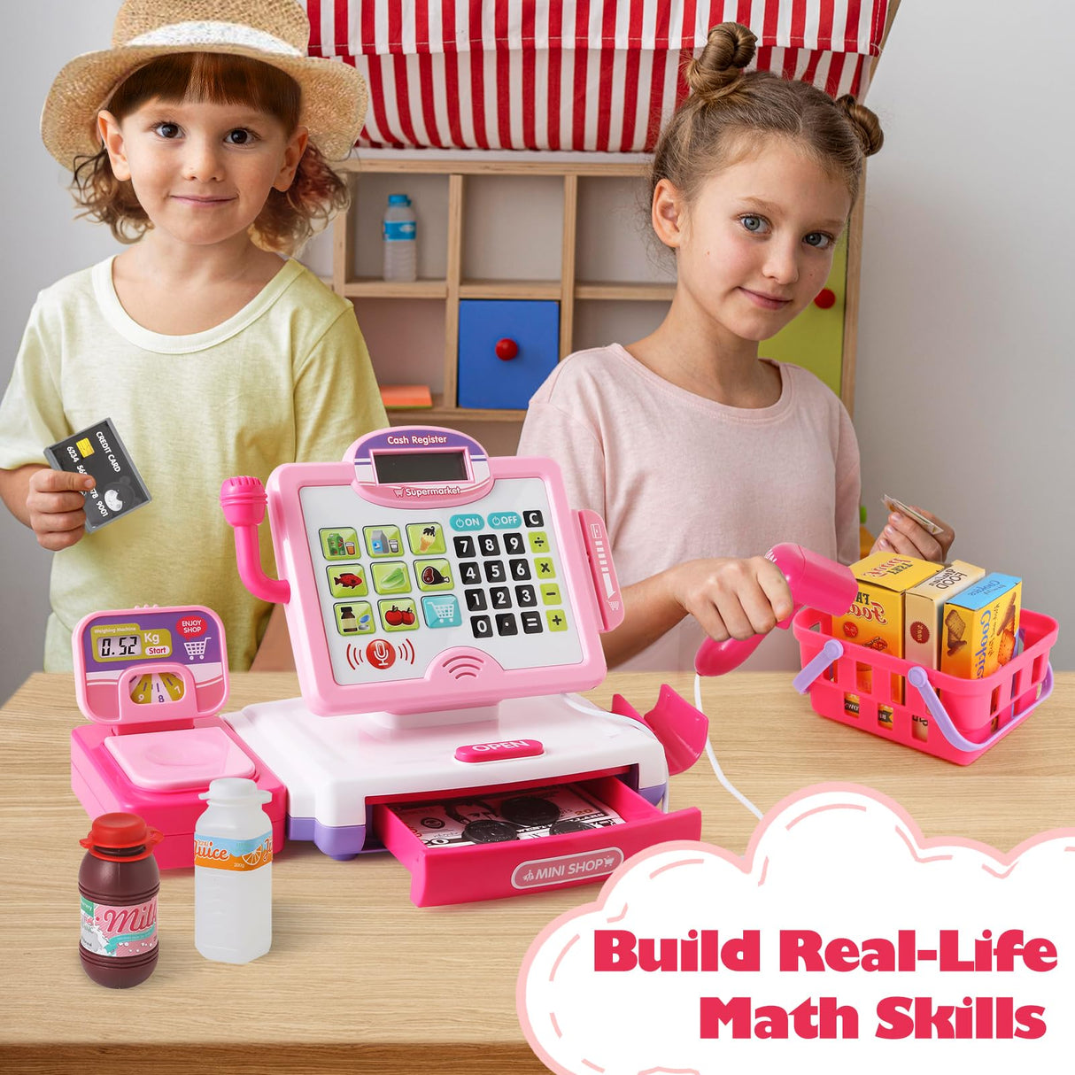 Pretend Play Calculator Cash Register Toy Gift for Kids Girls Age 3, 4, 5, 6, 7, 8+ Year Old, 57 Pcs Pink Grocery Store Playset, Incl Microphone, BAODLON