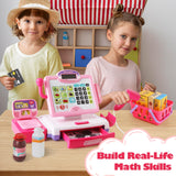 Pretend Play Calculator Cash Register Toy Gift for Kids Girls Age 3, 4, 5, 6, 7, 8+ Year Old, 57 Pcs Pink Grocery Store Playset, Incl Microphone, BAODLON