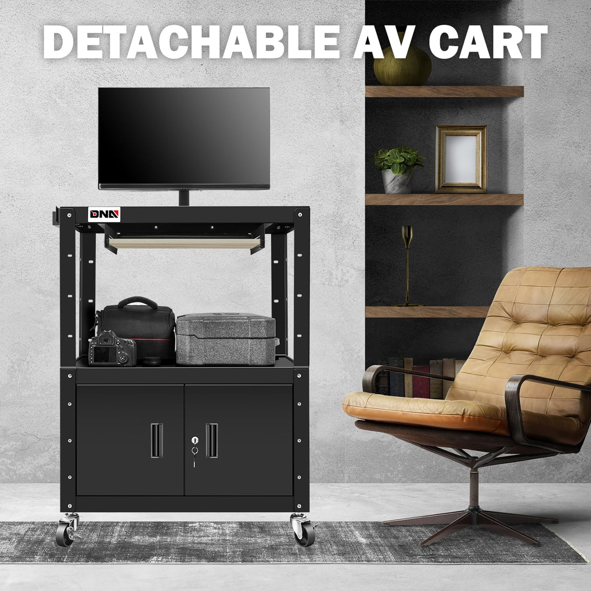 DNA MOTORING Steel AV Cart with Extra Storage Cabinet, 30.8" x 18" x 22"-42" Height Adjustable Rolling Projector Utility Cart, TOOLS-00293 DNA MOTORING